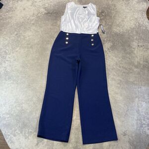 Tahari Arthur Levine Jumpsuit Womens 8 Navy Ivory Nautical‎ Wide Leg